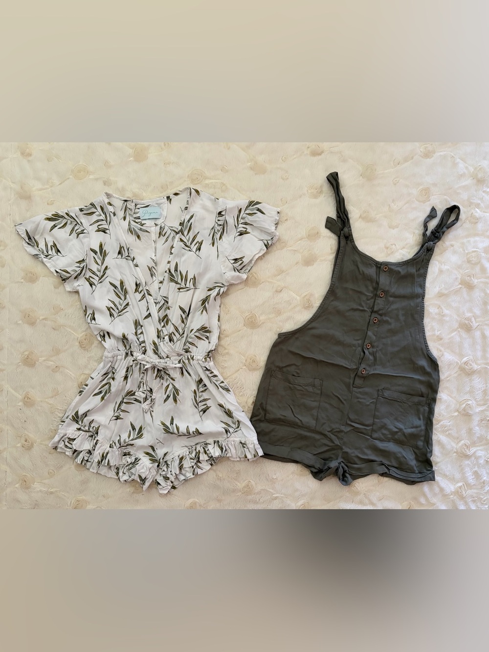 LOT of Two ROMPERS! Olive Leaf Print Romper and Green Short Oversized Overalls